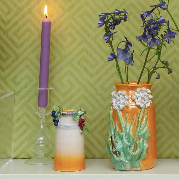 Small White and Yellow Vase with Grapes on Rim