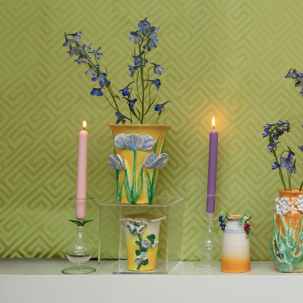 Medium Yellow Vase with Blue Flowers