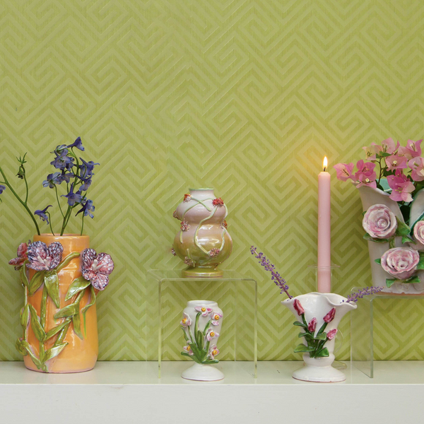 Small White and Green Vase with Orange Florals