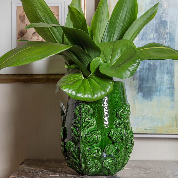 Greco Short Vase, Green Leaves