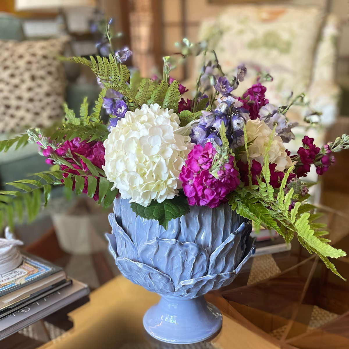 Foliage Footed Cachepot, Periwinkle