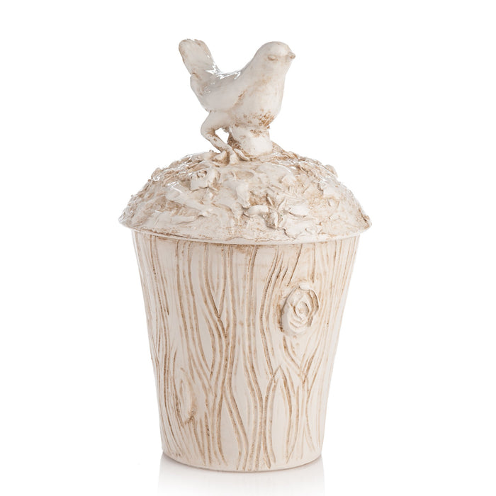 260130 Abigails Wholesale Home Décor Ceramics and Terra Cotta Planters White Ceramic Planter with Bird on Lid Uccello