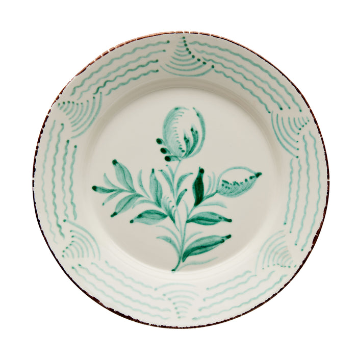 Casa Nuno Green and White Dinner Plate, 2 Flowers/Waves, Set of 2