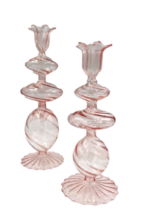 Pink Swirl Glass Candlestick, Large, Set of 2