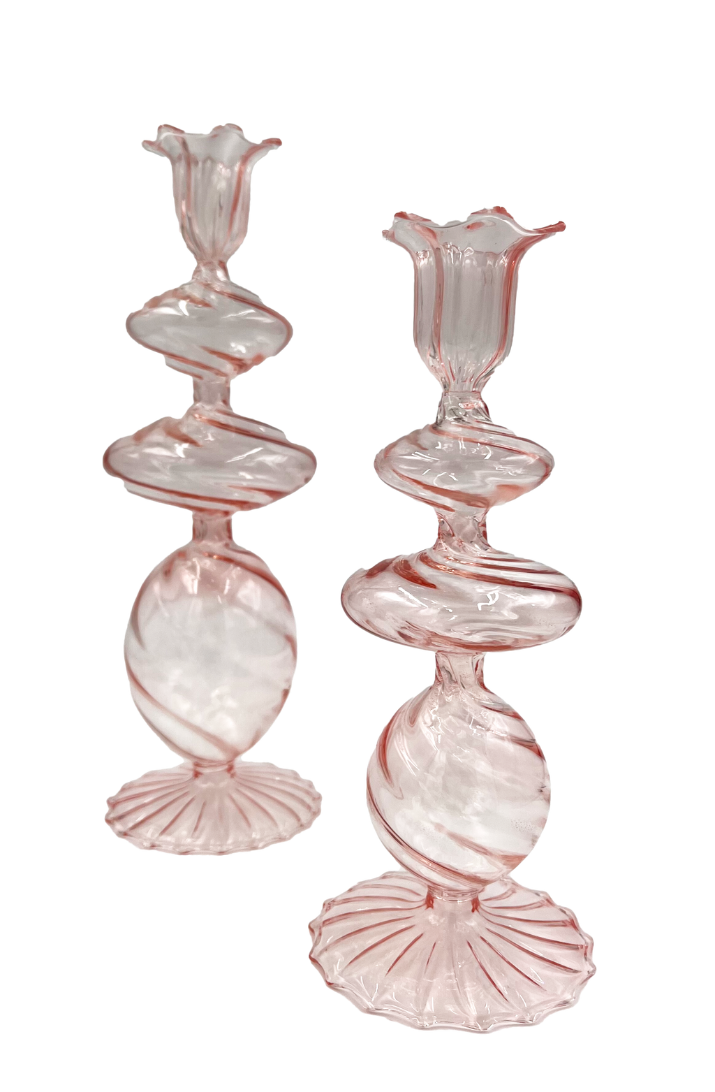 Pink Swirl Glass Candlestick, Large, Set of 2