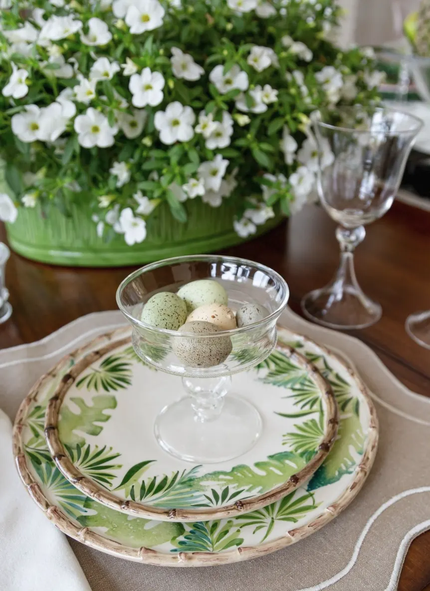 Neutral linen runner with ceramic serving pieces
