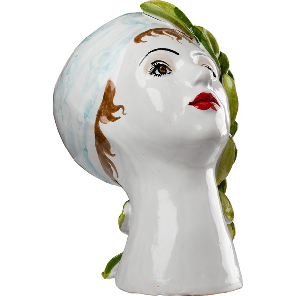 Sm. Ceramic Leaning Head Vase, Green Leaves