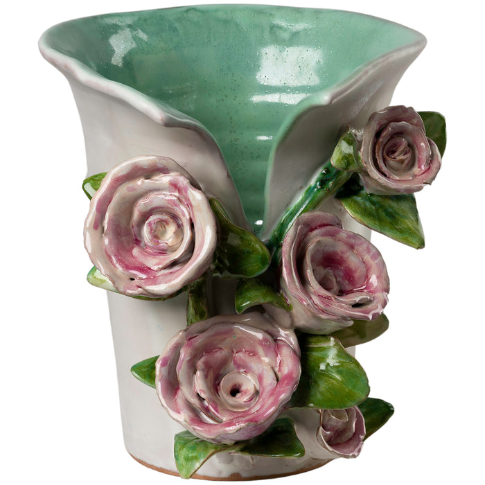 Vase, Med White W/Pink Roses