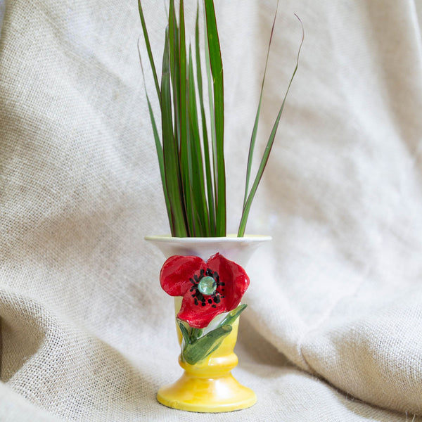 Vase, Small White with Red Poppy Flower