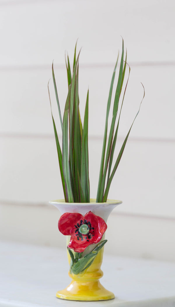 Vase, Sm White W/ Red Poppy