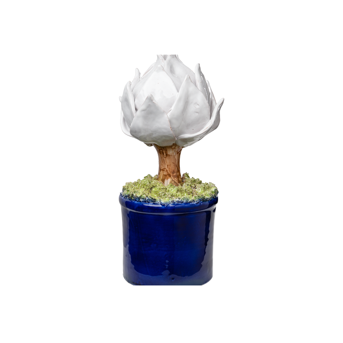 White Ceramic Artichoke Topiary in Blue Pot