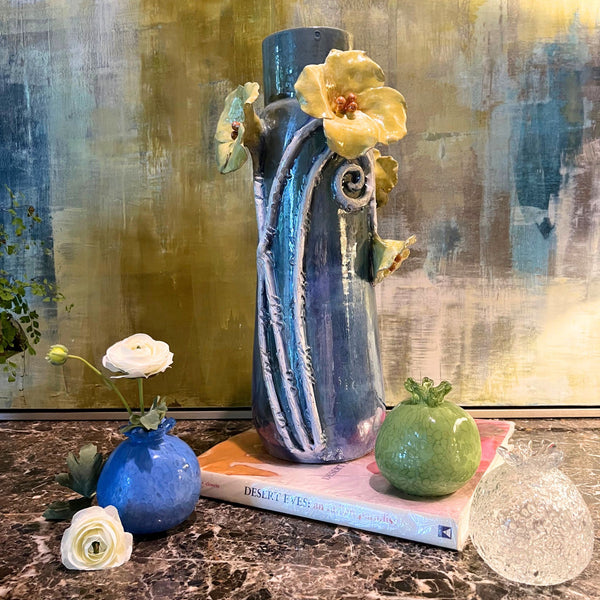 Large Periwinkle Blue Vase With Yellow and White Flowers