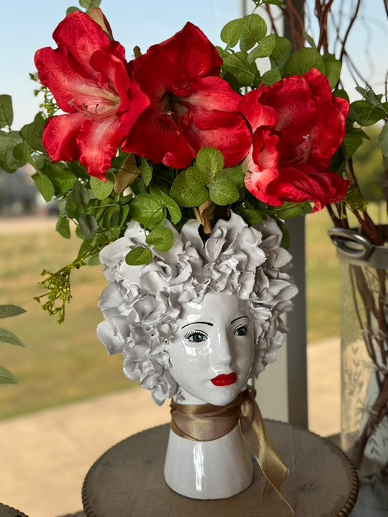 Ceramic Head Vase, White Flowers