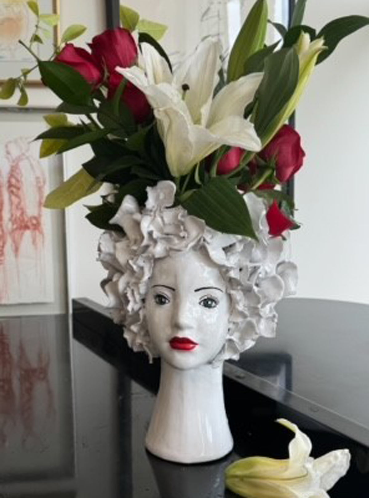 Ceramic Head Vase, White Flowers