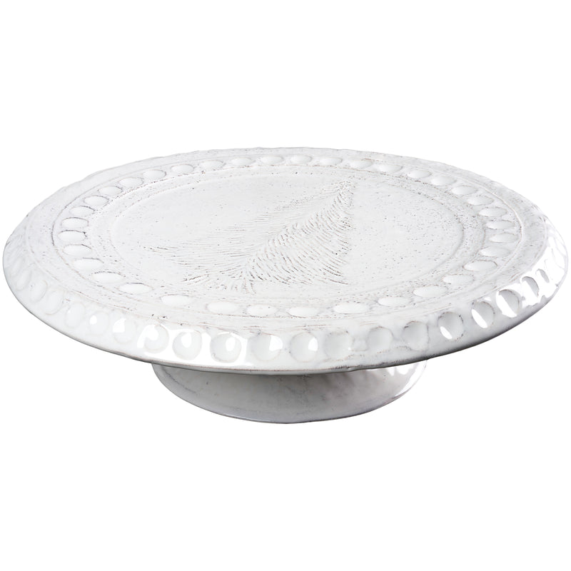 Cake plate, White w/etched Tree