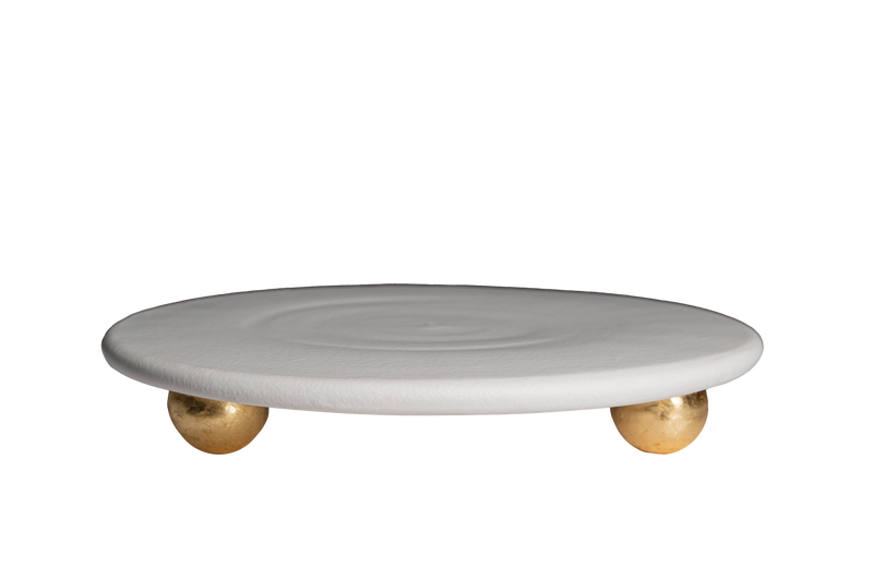 Catalina Footed Cheese / Cake Plate, Matte White, Gold Feet