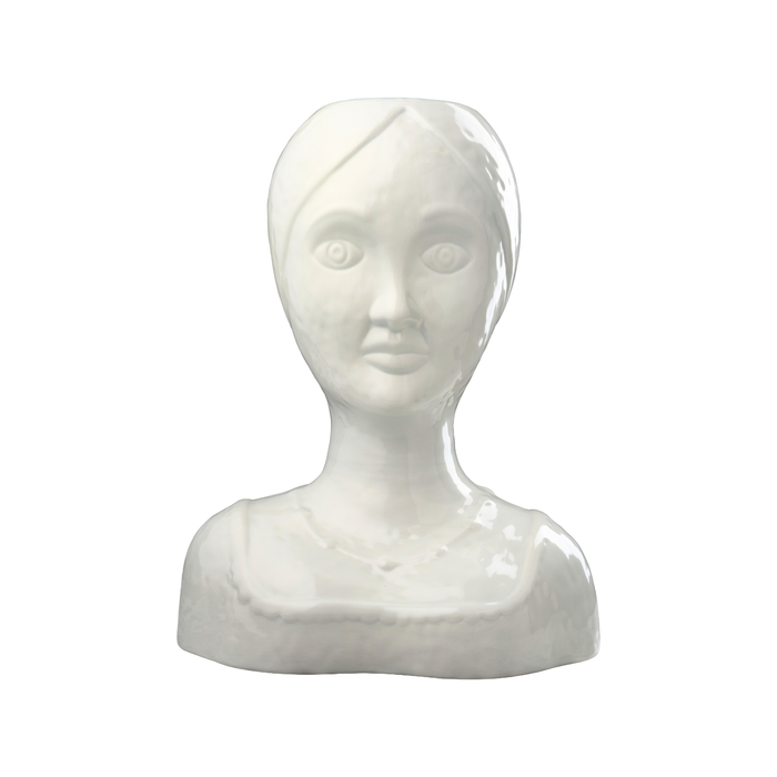 Vase, Female Head, White Glazed Ceramic