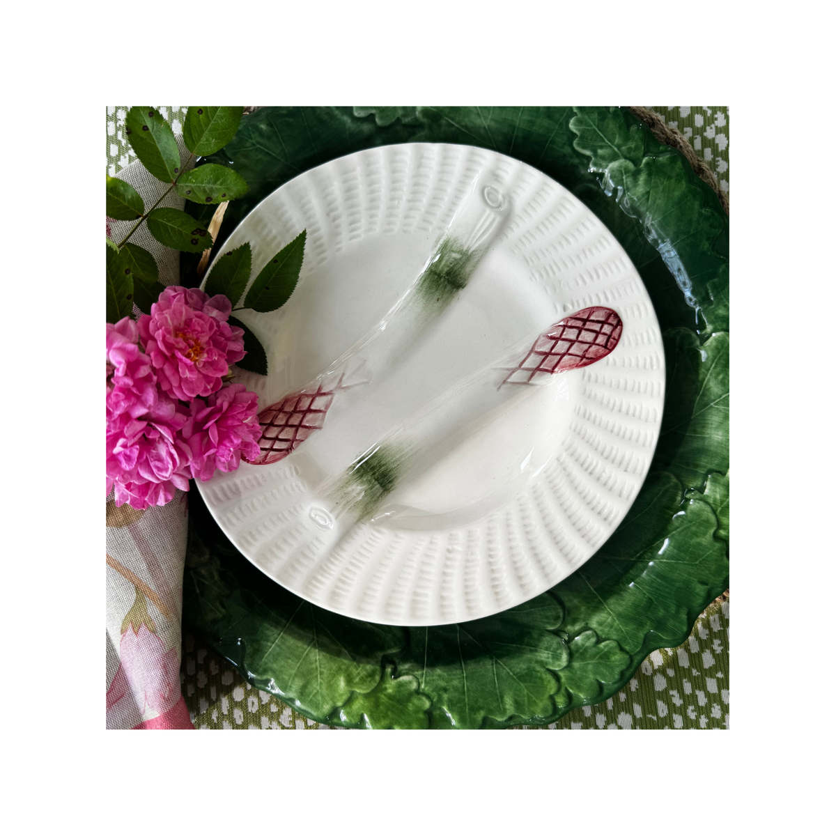 Asparagus Plate, White w/ Green and Pink Details, Set of 2