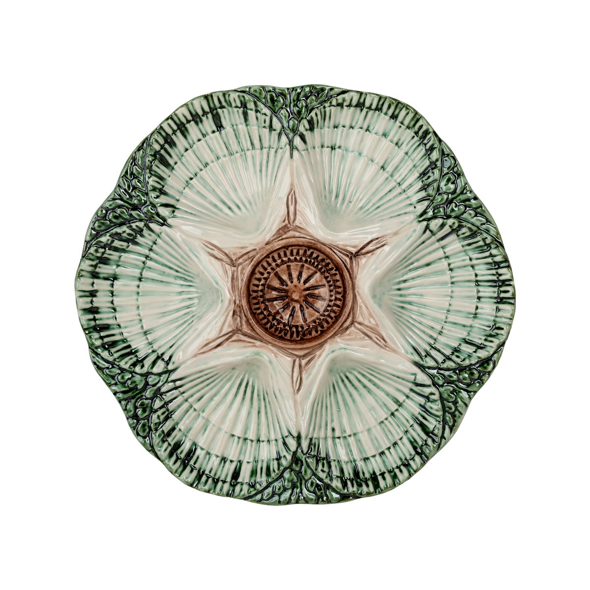 NOLA Oyster Plate, Green, Brown & Cream, Set of 2