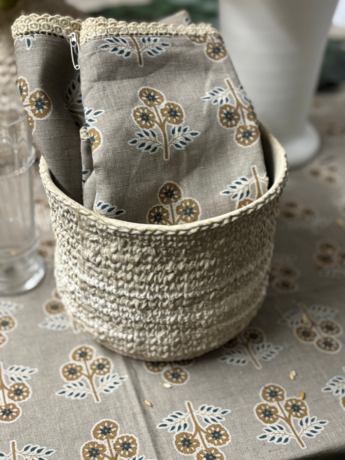 Gray with Yellow & Blue Flowers Napkin with Floral Lace Edge, Set of 8