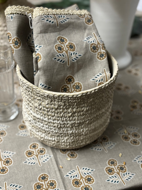 Gray with Yellow & Blue Flowers Napkin with Floral Lace Edge, Set of 8