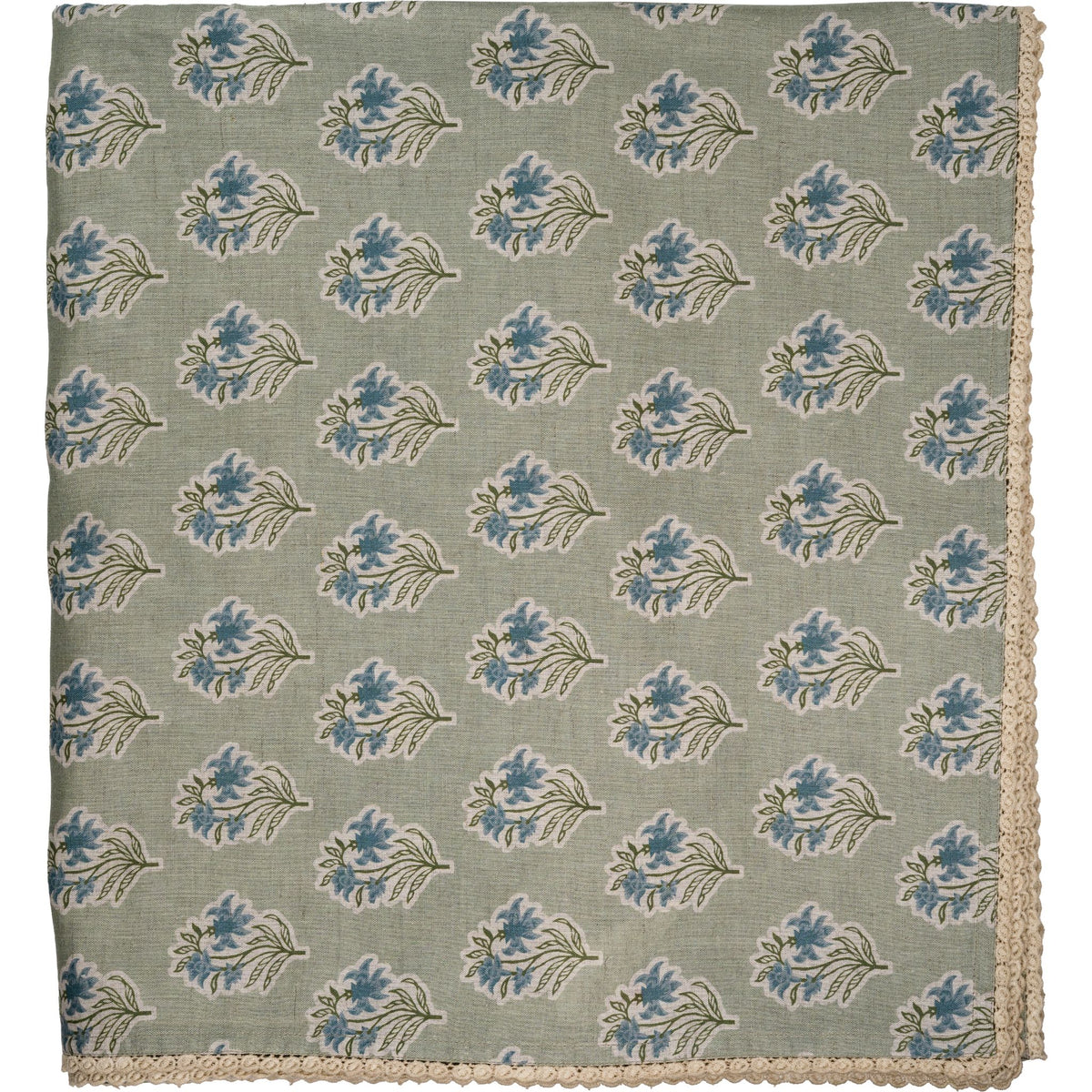 Sage Green/Blue Flower Tablecloth with Lace Edge