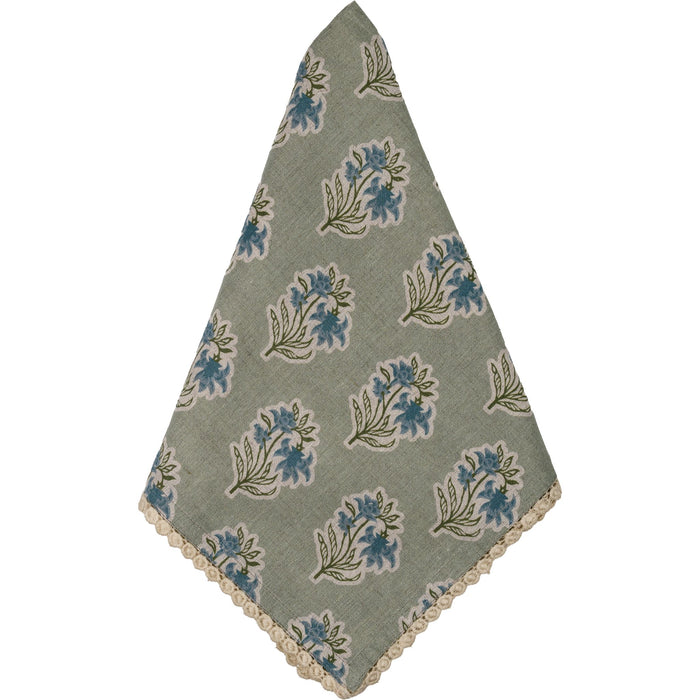Sage Green/Blue Flower Napkin with Floral Lace Edge, Set of 8
