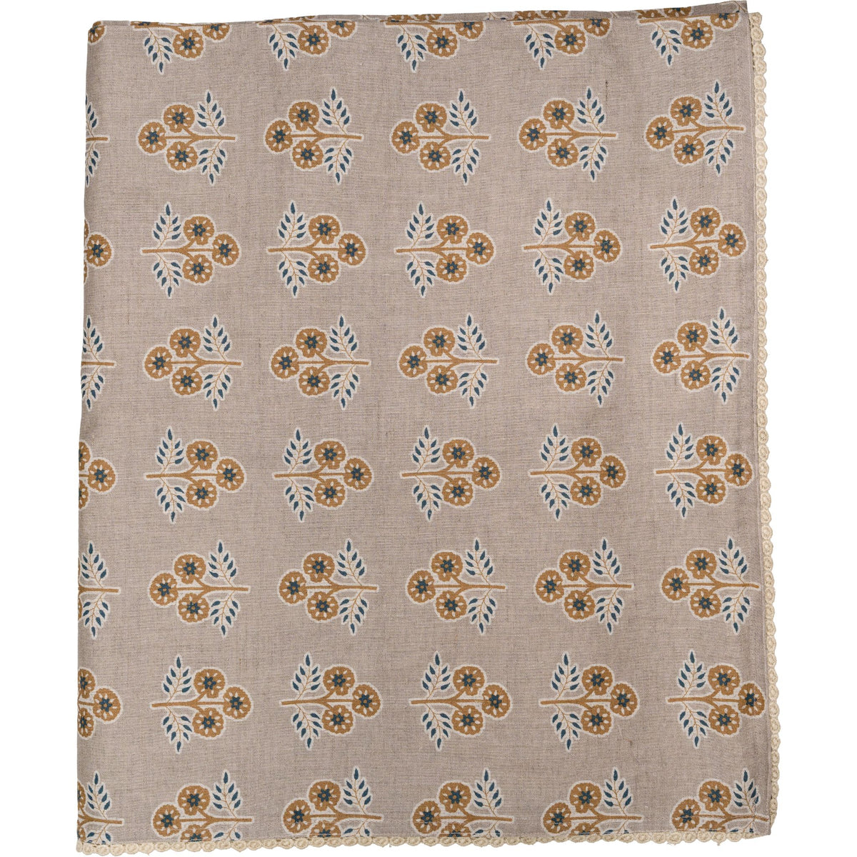 Gray with Yellow & Blue Flowers Tablecloth with Floral Lace Edge