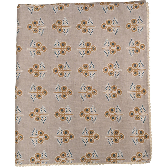 Gray with Yellow & Blue Flowers Tablecloth with Floral Lace Edge