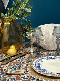 Cinnamon Brown w/ Blue Flowers Napkin with Floral Lace Edge, Set of 8