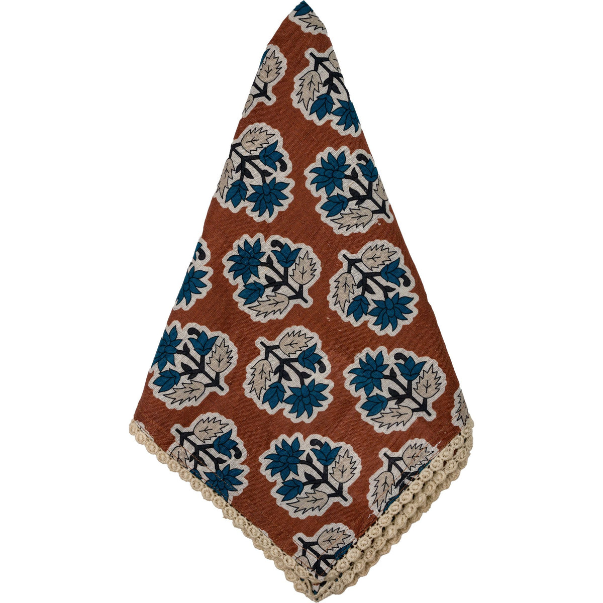 Cinnamon Brown w/ Blue Flowers Napkin with Floral Lace Edge, Set of 8