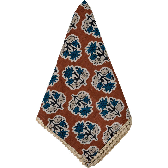 Cinnamon Brown w/ Blue Flowers Napkin with Floral Lace Edge, Set of 8