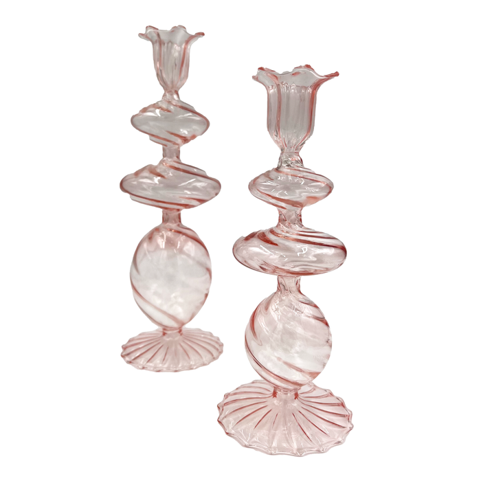 Pink Swirl Glass Candlestick, Medium, Set of 2