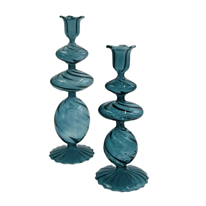 Blue Swirl Glass Candlestick, Medium, Set of 2