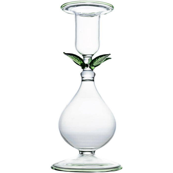 La BoHeme Clear Candlestick, w/Green Leaves