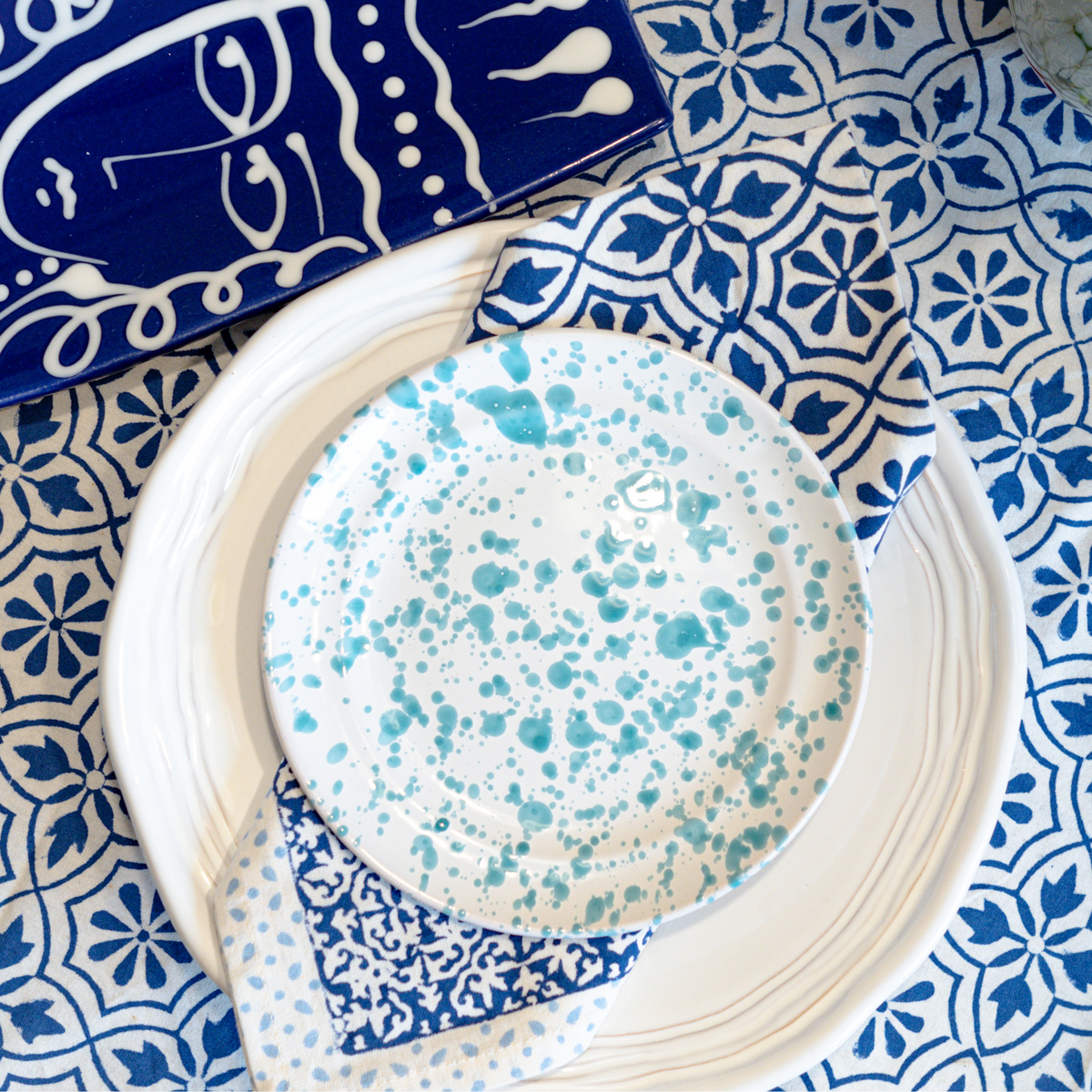 Taverna Speckled Dessert Plate, Turquoise/White, Set of 4