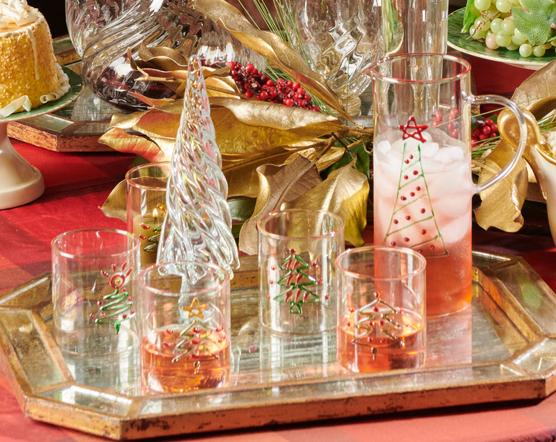 Christmas Glasses, Set of 4 FOUR, White Tree Clear Glass, 12 Oz