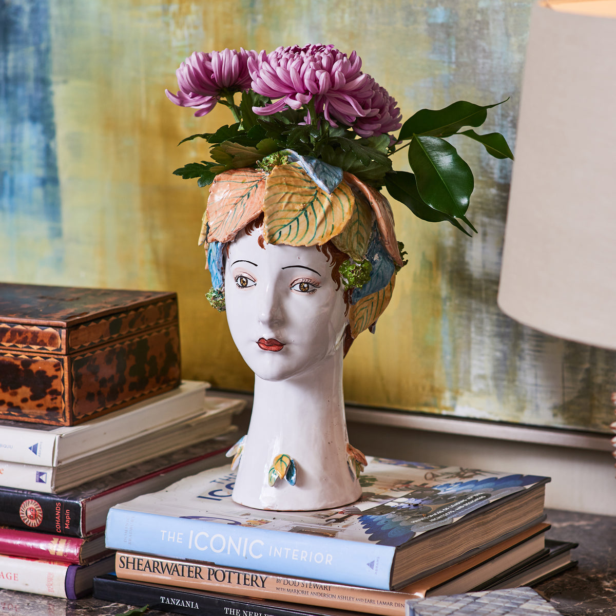 Ceramic Head Vase, Leaves Decor