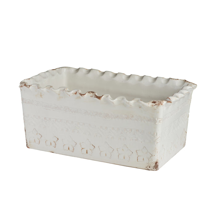 White Scalloped Edge Planter, Flower Design, Rectangle