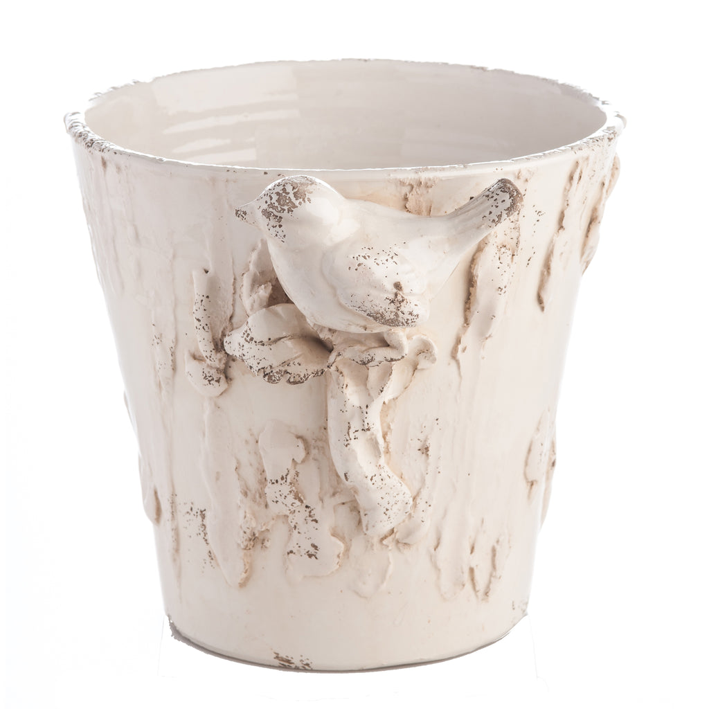 White Ceramic Cachepot with Bird