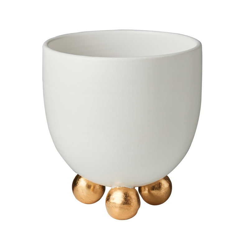 Catalina Footed Cachepot, Matte White, Gold Feet