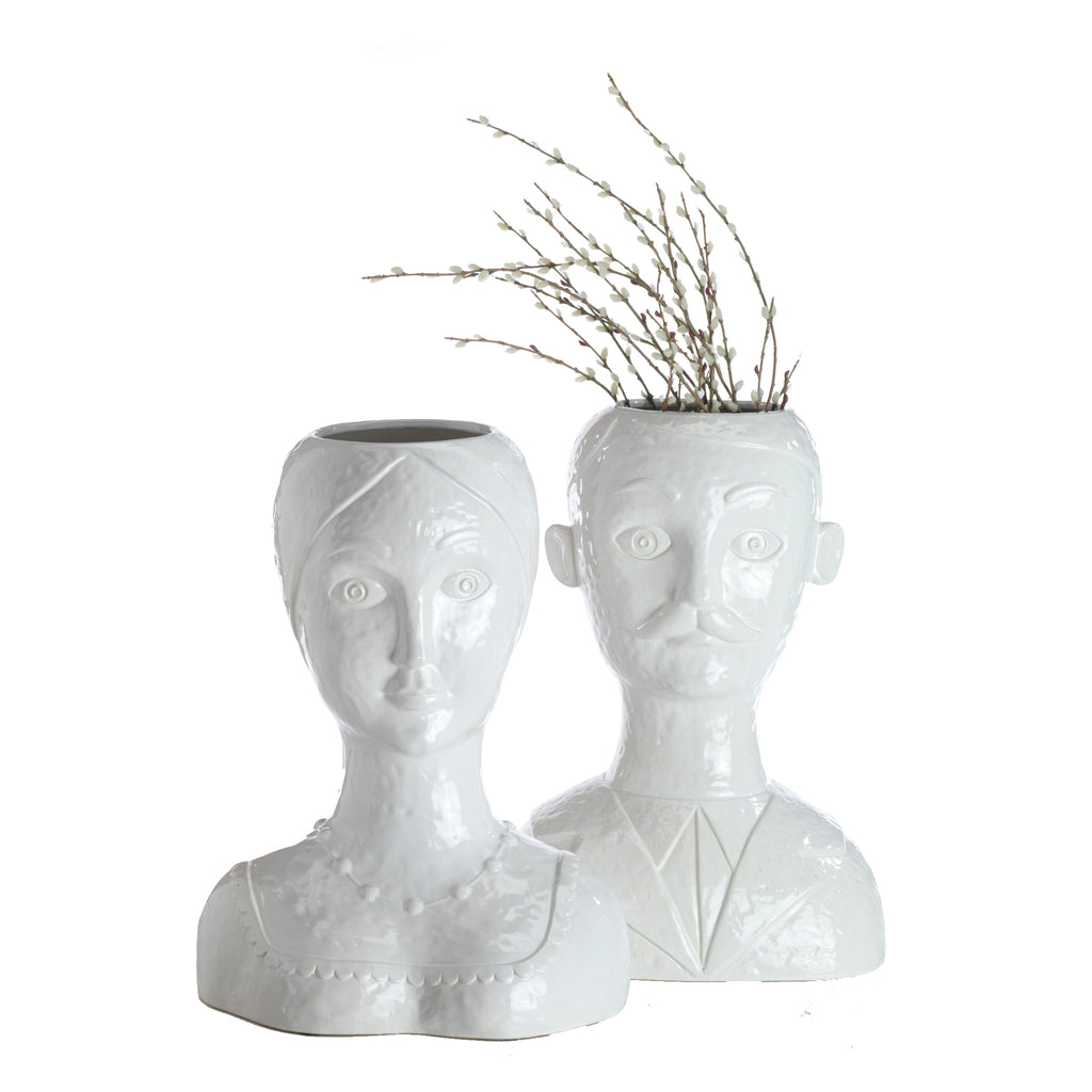 Vase, Female Head, White Glazed Ceramic