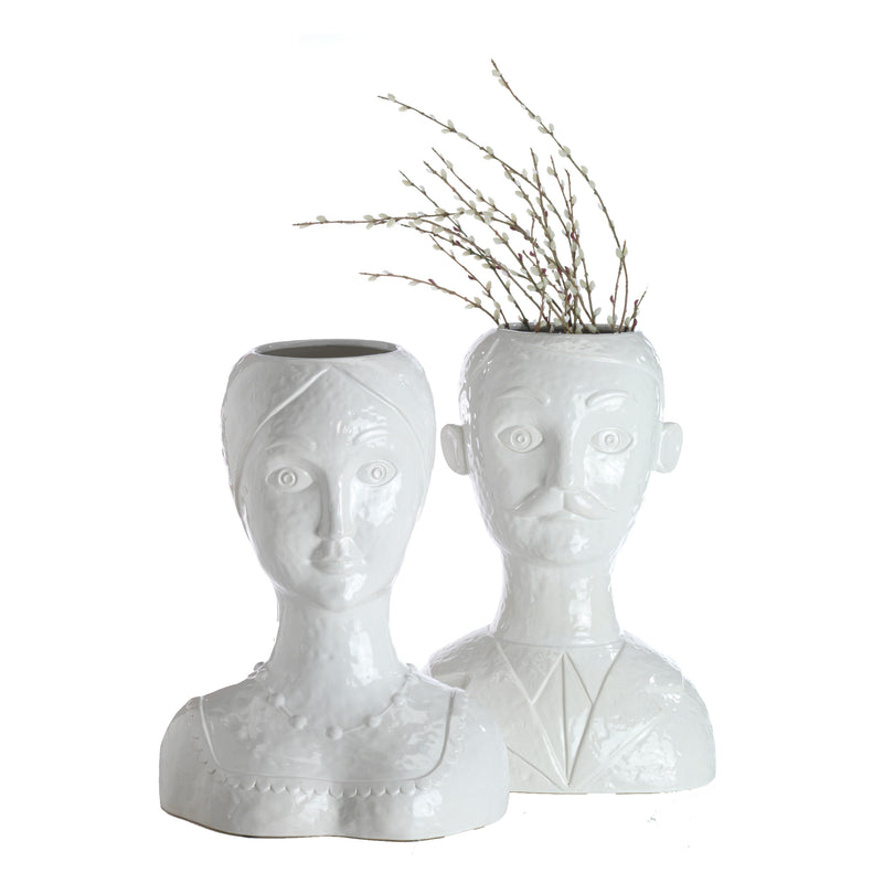 Vase, Male Head, White Glazed Ceramic