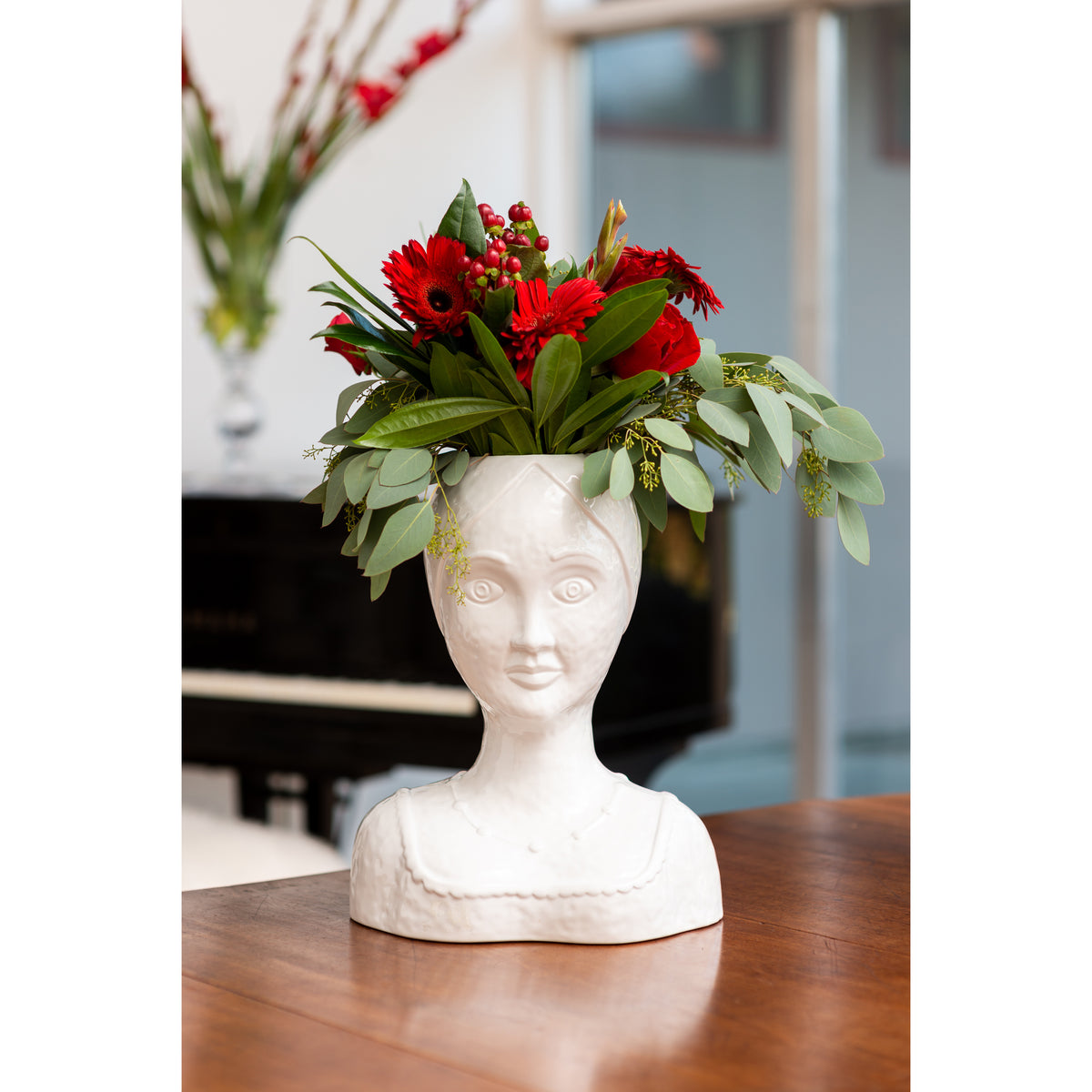 Vase, Female Head, White Glazed Ceramic