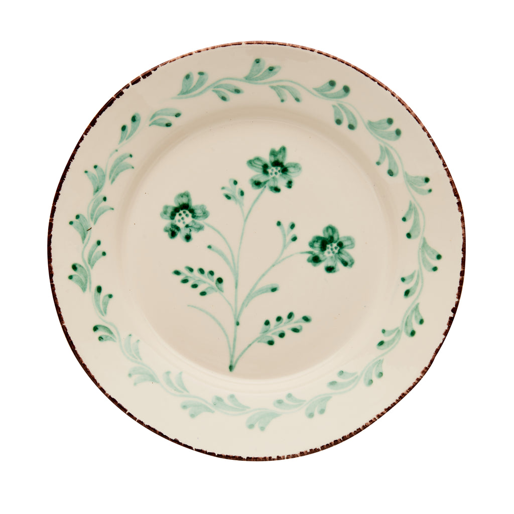 Casa Nuno Green and White Dinner Plate, 3 Flowers/Vines, Set of 2