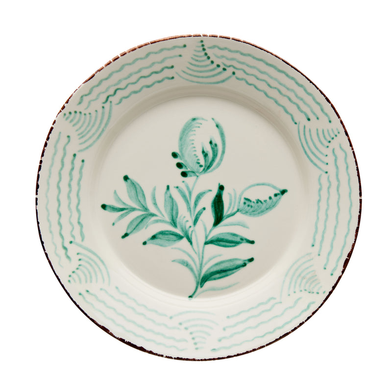 Casa Nuno Green and White Dinner Plate, 2 Flowers/Waves, Set of 2