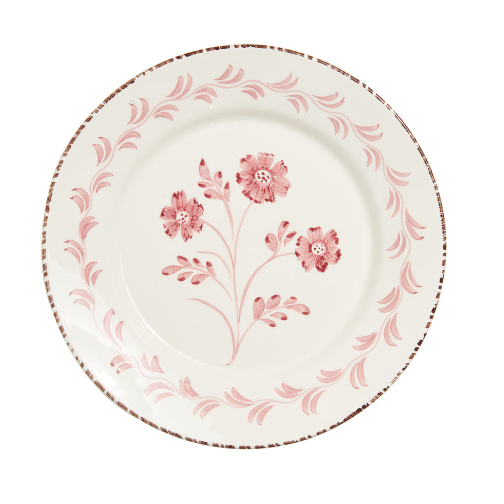 Casa Nuno Pink and White Dinner Plate, 3 Flowers/Vines, Set of 2