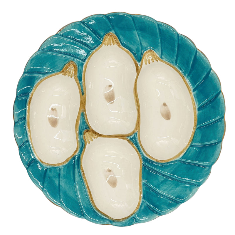 Oyster Plate, Aqua with Gold Detailing, Set of 2