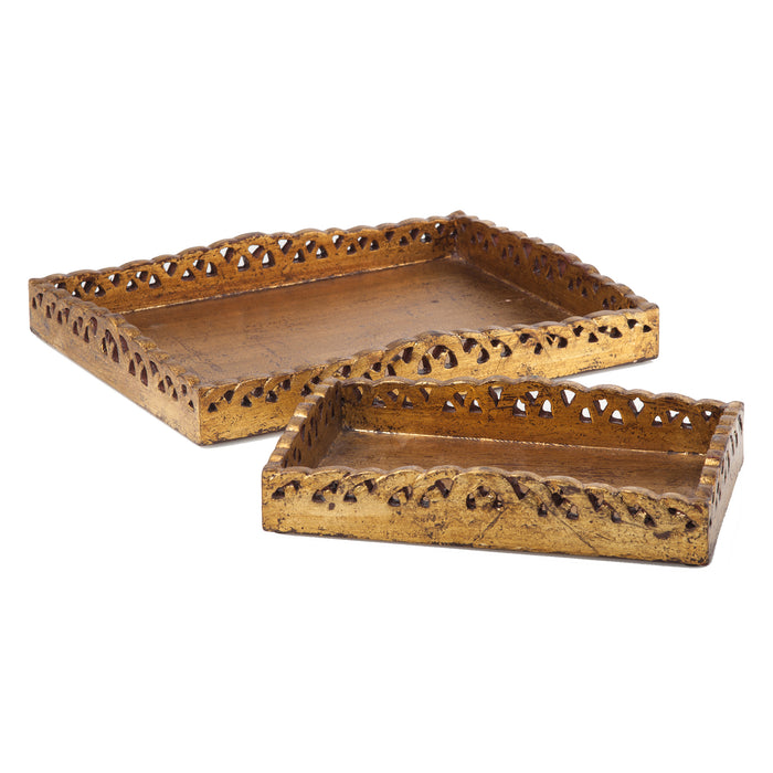 Scalloped Cut Out Wood Tray Set, Gold Finish