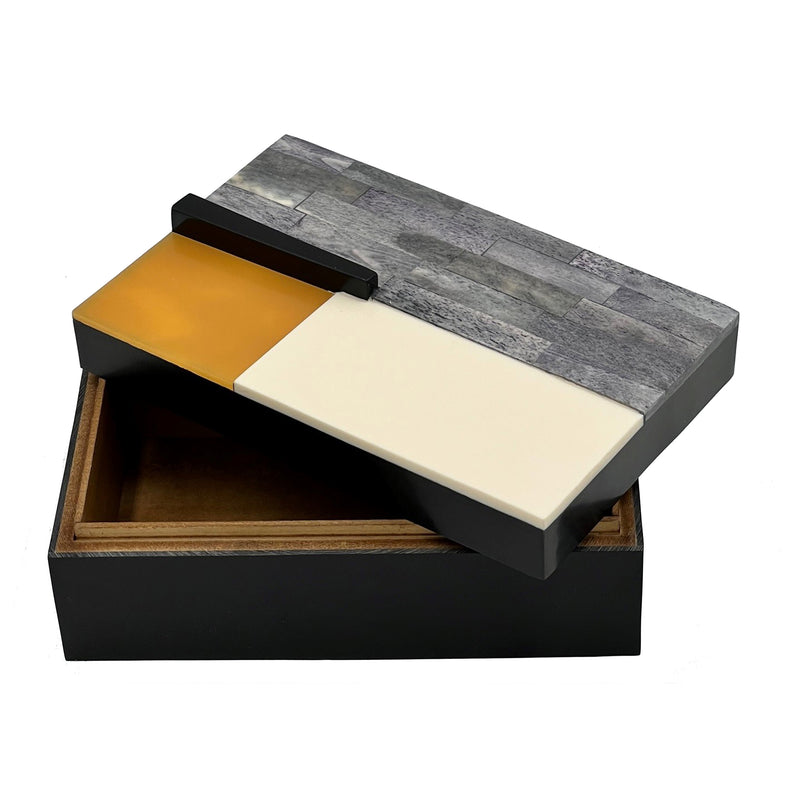 Black Resin Box, Gray/Ivory/Mustard Lid